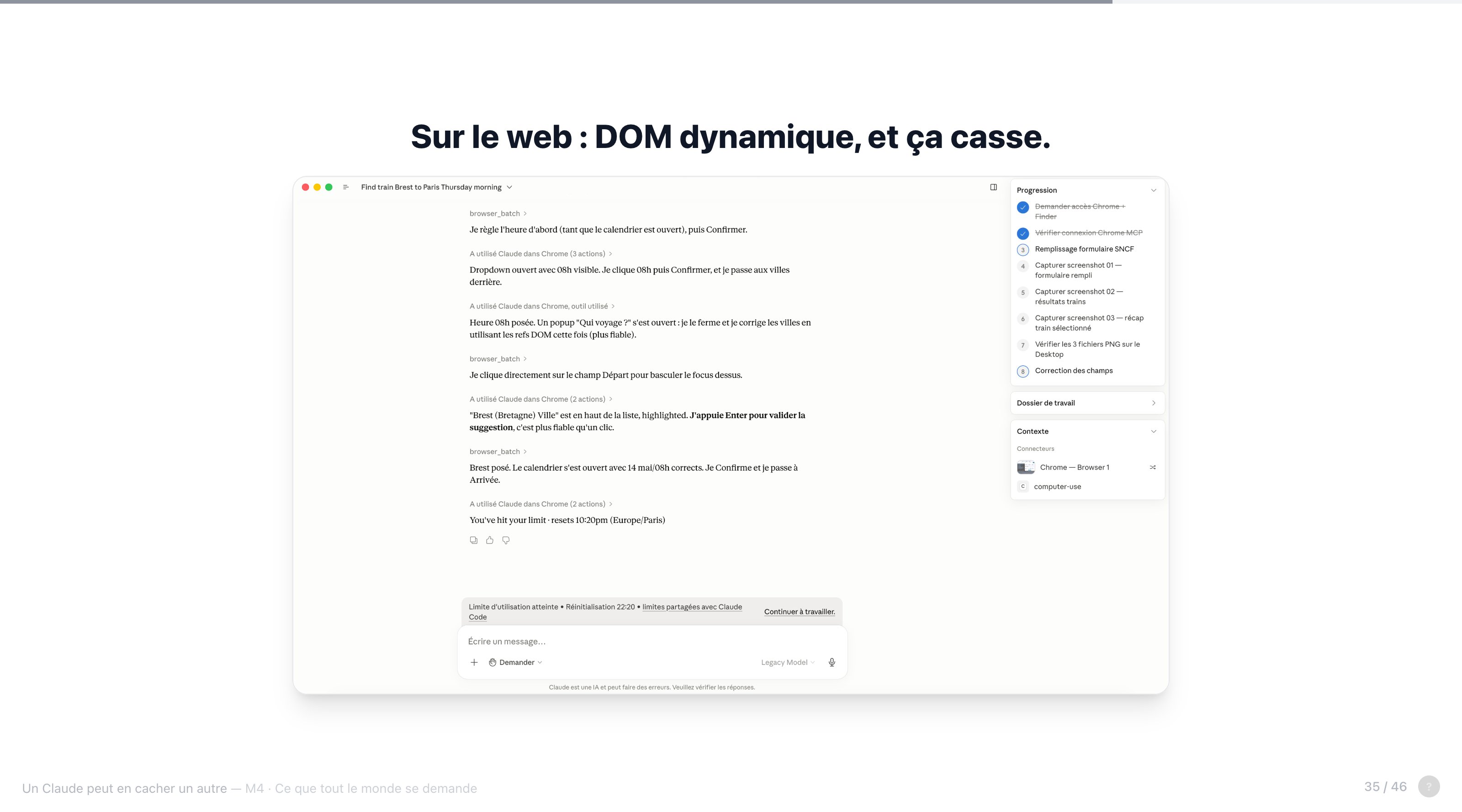 Capture de Claude Chrome sur SNCF Connect, multiples actions par étape pour fermer un popup et naviguer dans le DOM, finissant sur "You've hit your limit"